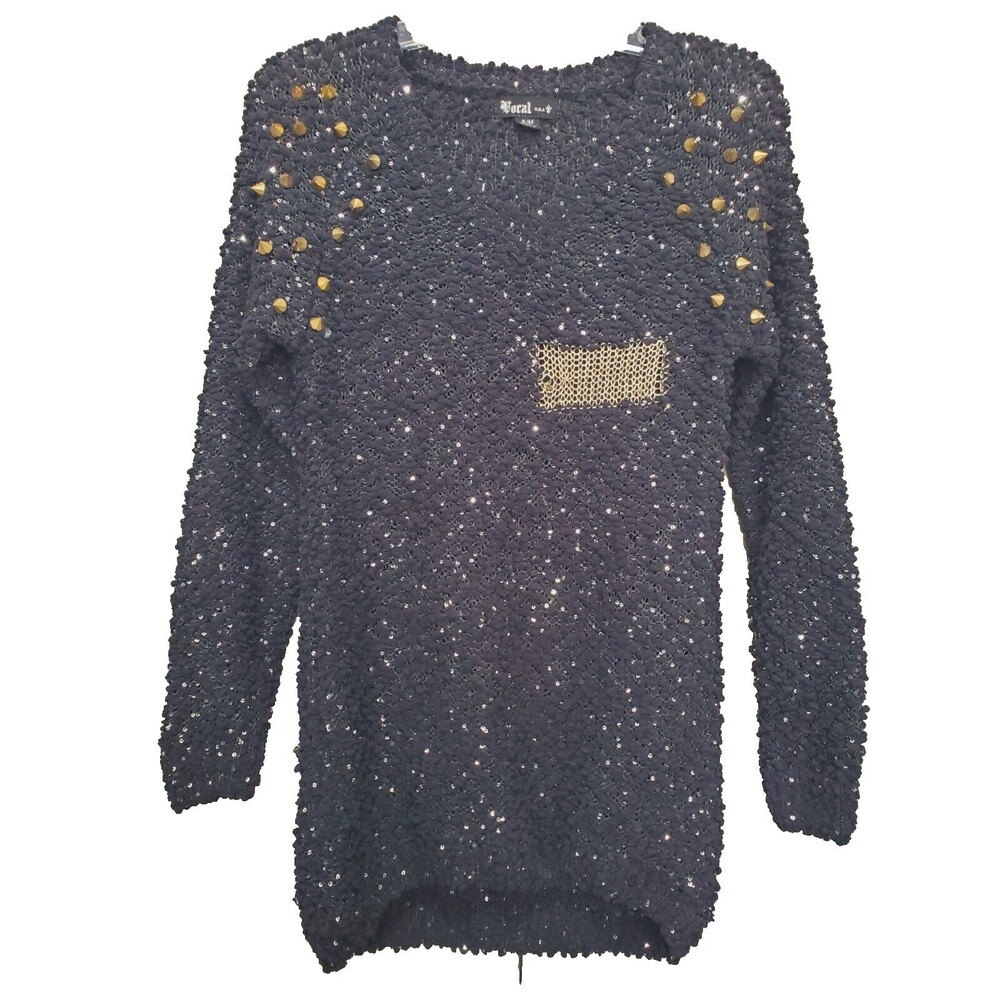 Vocal Apparel Sequined Studded V-Neck Pullover Tunic Sweater Grunge Goth Sz S/M